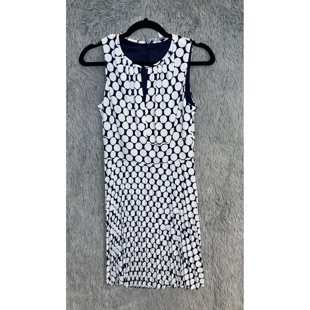 London Times Navy White Polka Dot Sleeveless Pleated‎ Dress Size 4